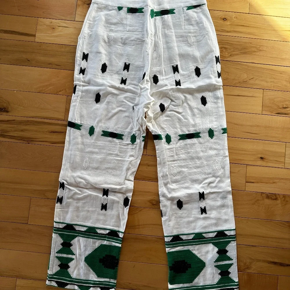 ZARA White Geometric Embroidered Linen Blend‎ Pants NWT